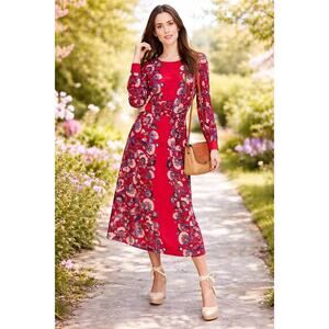Boden Zoe Jersey Midi Maxi Dress US 14L Red Floral Long Sleeve Stretch Colorful